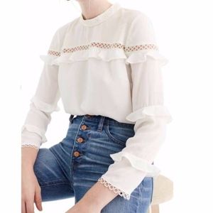 Petite tiered ruffle top with scalloped lace trim.